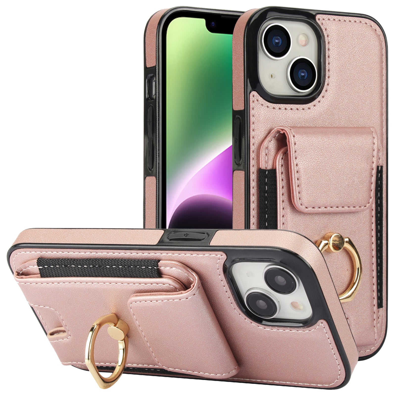 For iPhone 14 Plus Case PU+TPU Kickstand Card Holder Phone Cover