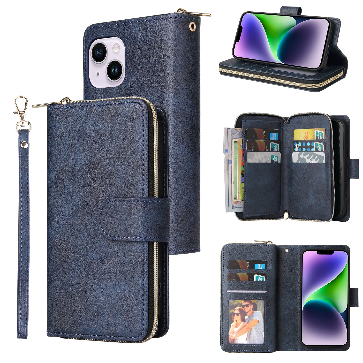 For iPhone 14 Plus Case Zipper Pocket TPU+PU Leather Phone Stand Cover
