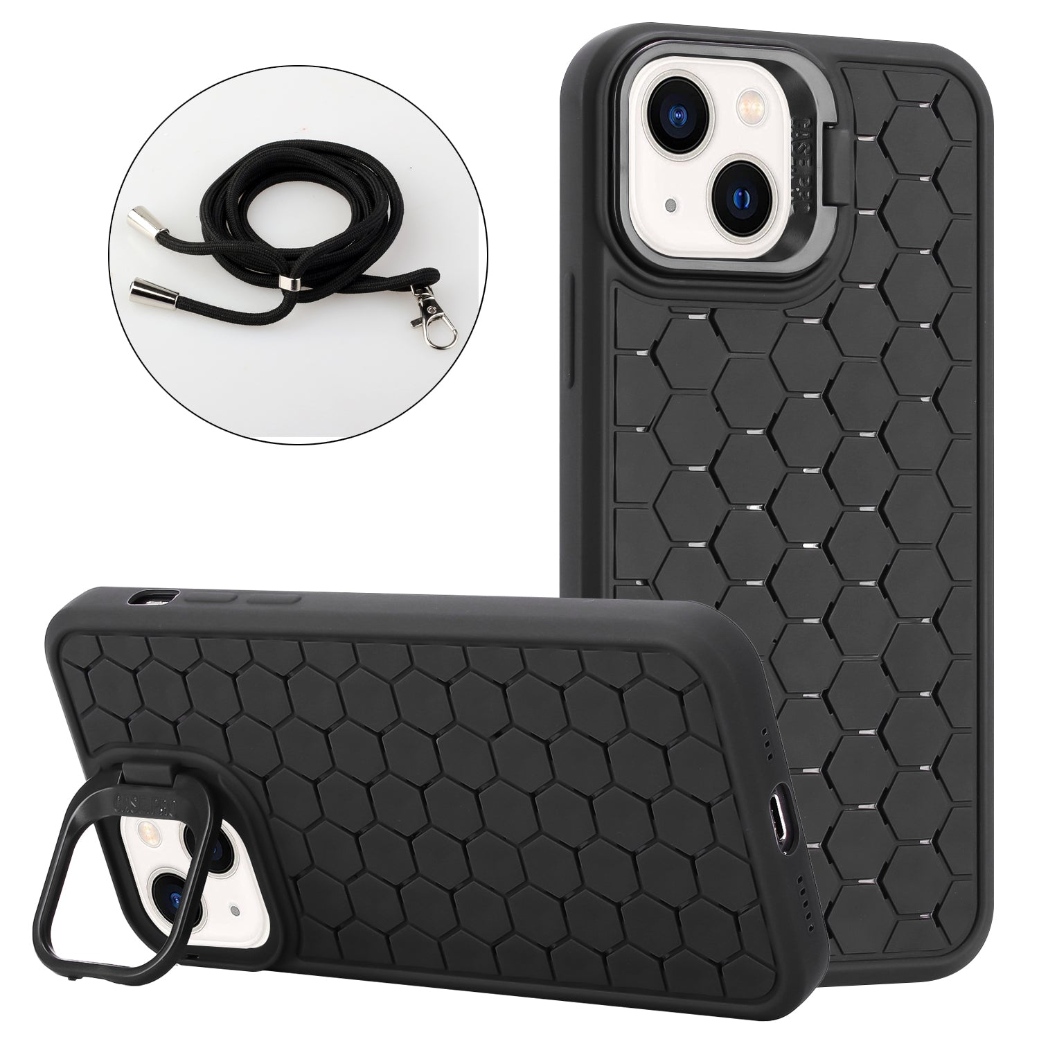 For iPhone 14 Plus Case TPU Heat Dissipation Kickstand Phone Cover with Lanyard